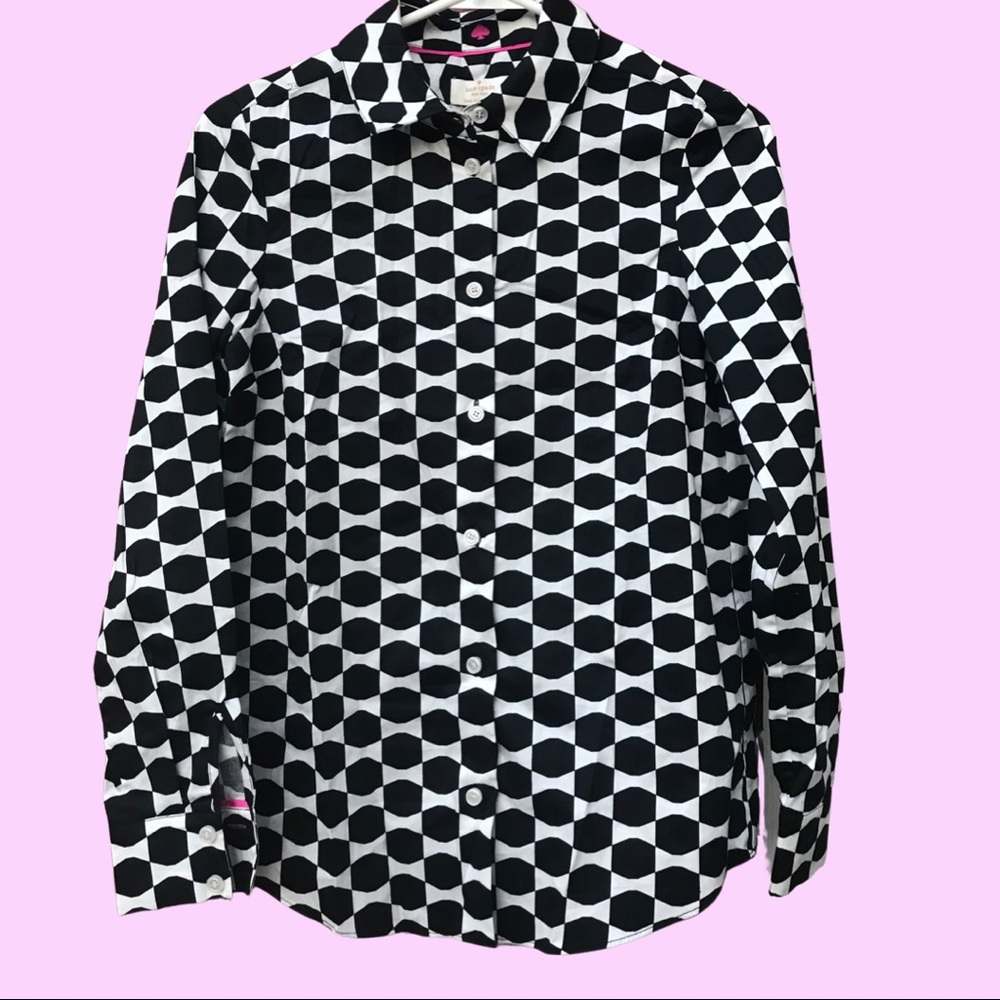 Kate Spade button-up with black and white mod style pattern and pink accents.
